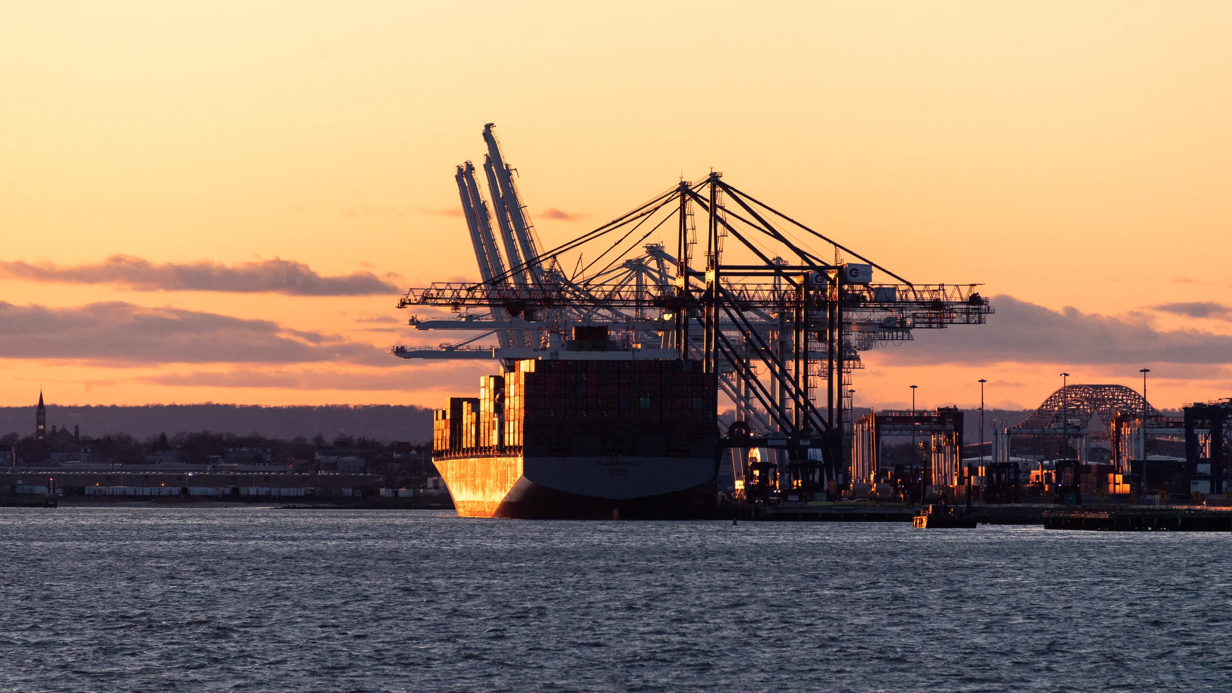 Container ship at sunset